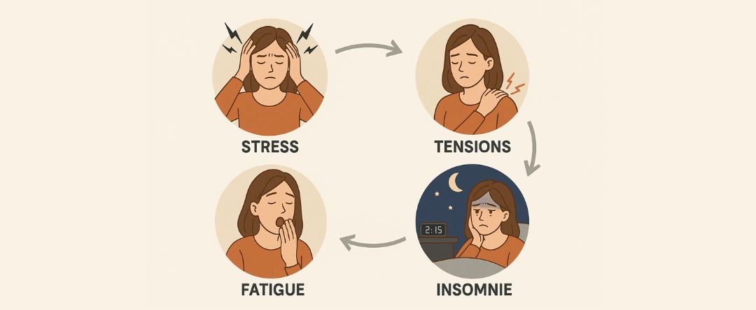 schéma montrant comment le stress chronique perturbe le sommeil et l'énergie