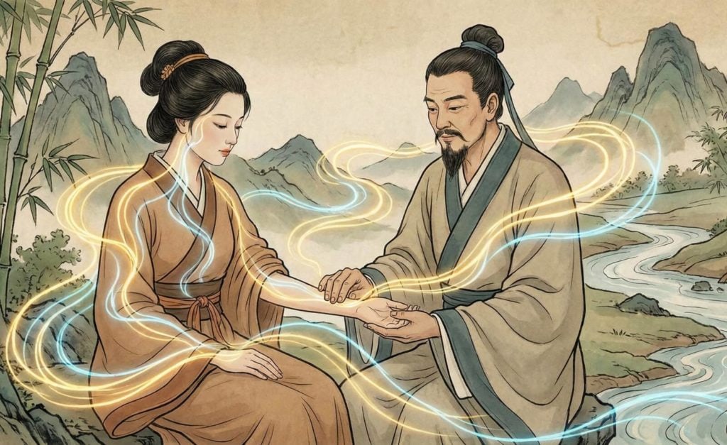 Illustration montrant un praticien prenant le pouls d'une patiente, avec des lignes énergétiques douces représentant la circulation du Qi dans le corps