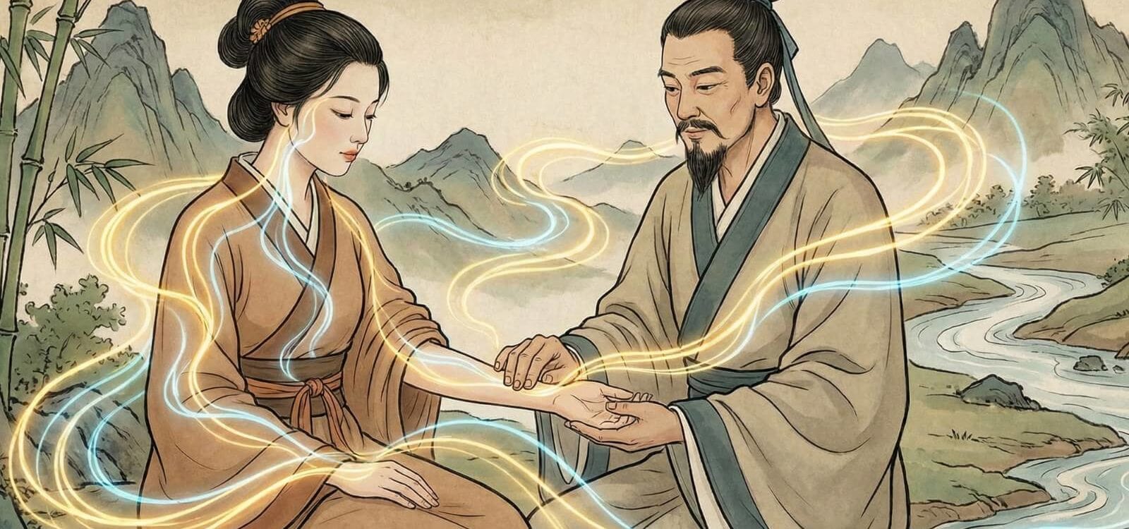 Illustration montrant un praticien prenant le pouls d'une patiente, avec des lignes énergétiques douces représentant la circulation du Qi dans le corps