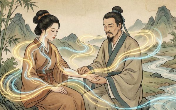 Illustration montrant un praticien prenant le pouls d'une patiente, avec des lignes énergétiques douces représentant la circulation du Qi dans le corps