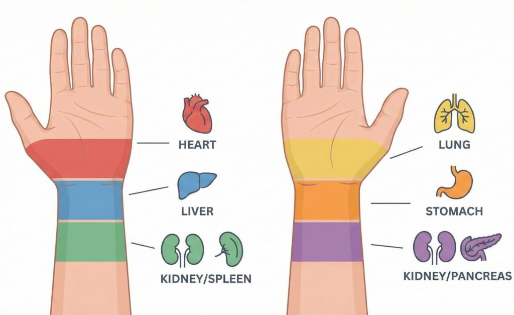 Schéma anatomique des deux poignets avec les zones de prise de pouls colorées et les organes correspondants illustrés de façon simple et moderne