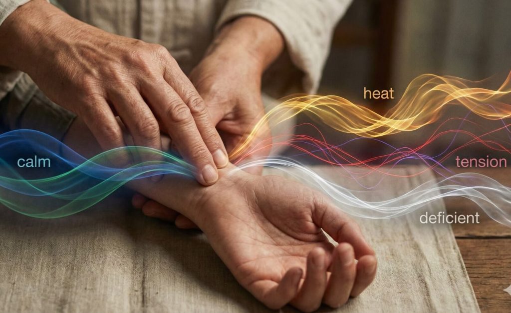 Infographie comparant l'approche occidentale (analyses sanguines, radiographies) et l'approche MTC (prise de pouls, observation de la langue) de manière complémentaire et non opposée