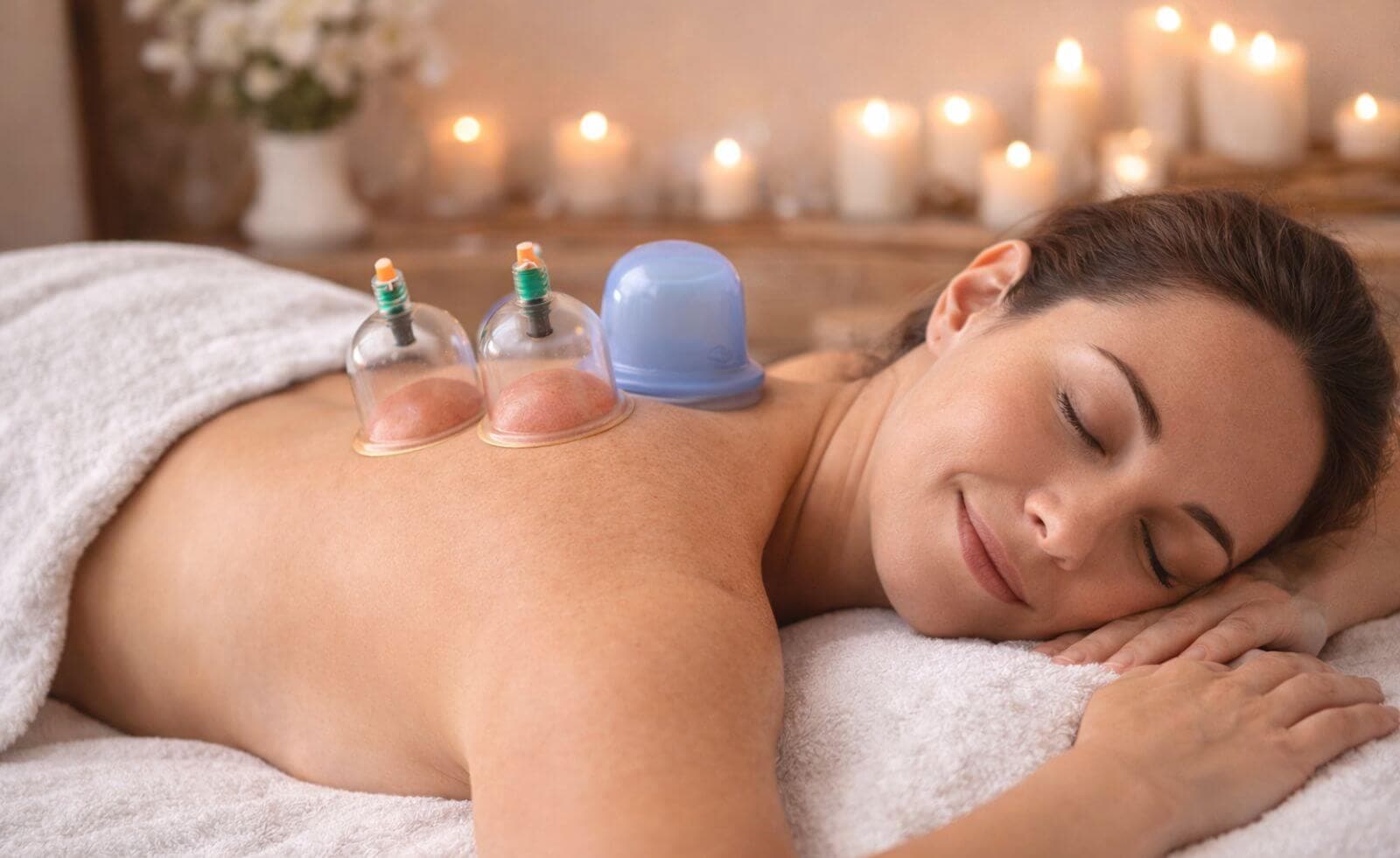 Photo professionnelle montrant les trois types de ventouses en action sur un dos, avec des légendes explicatives et une atmosphère zen et thérapeutique