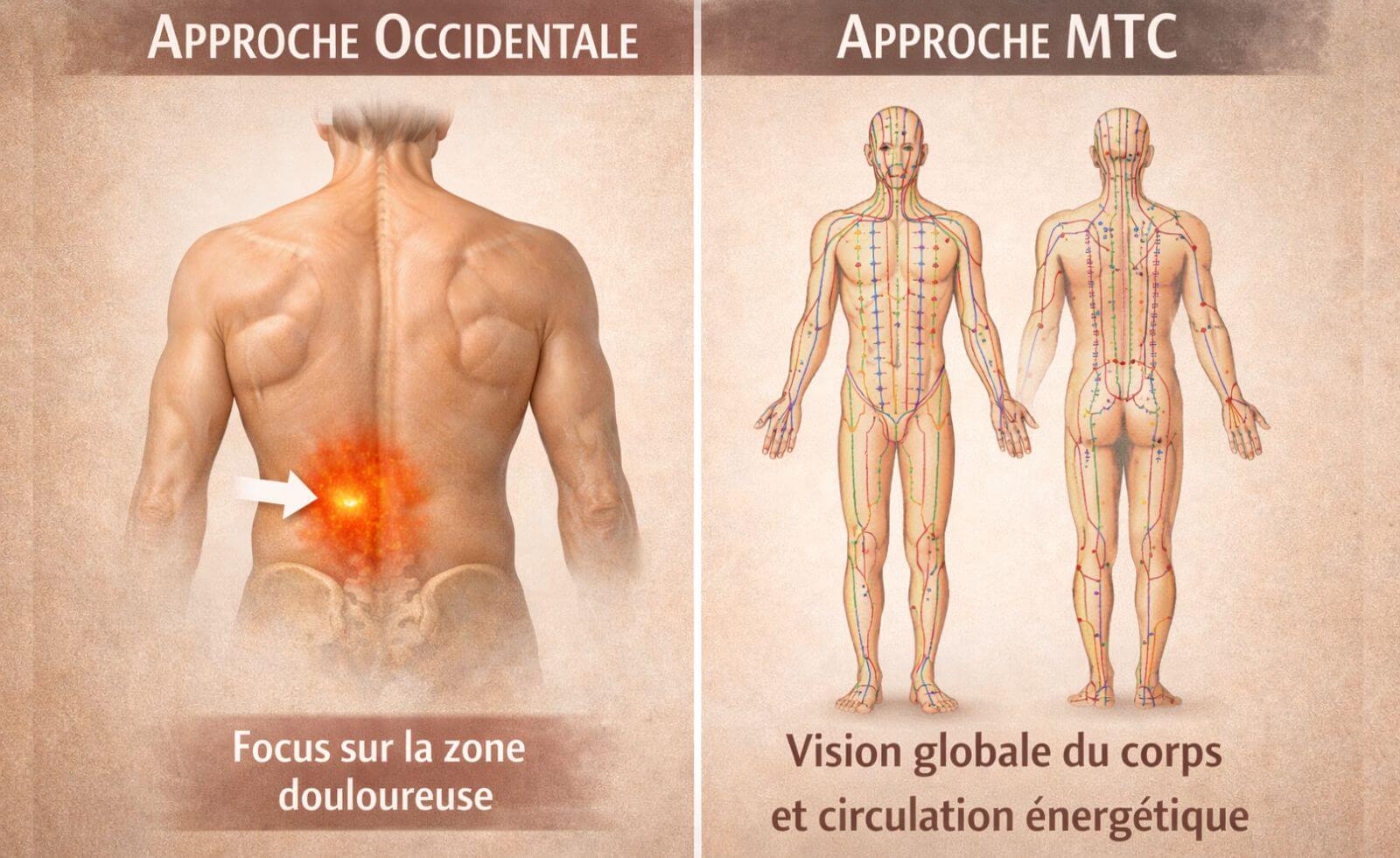 Schéma comparatif montrant l'approche occidentale (focus sur la zone douloureuse) versus l'approche MTC (vision globale du corps avec circulation énergétique