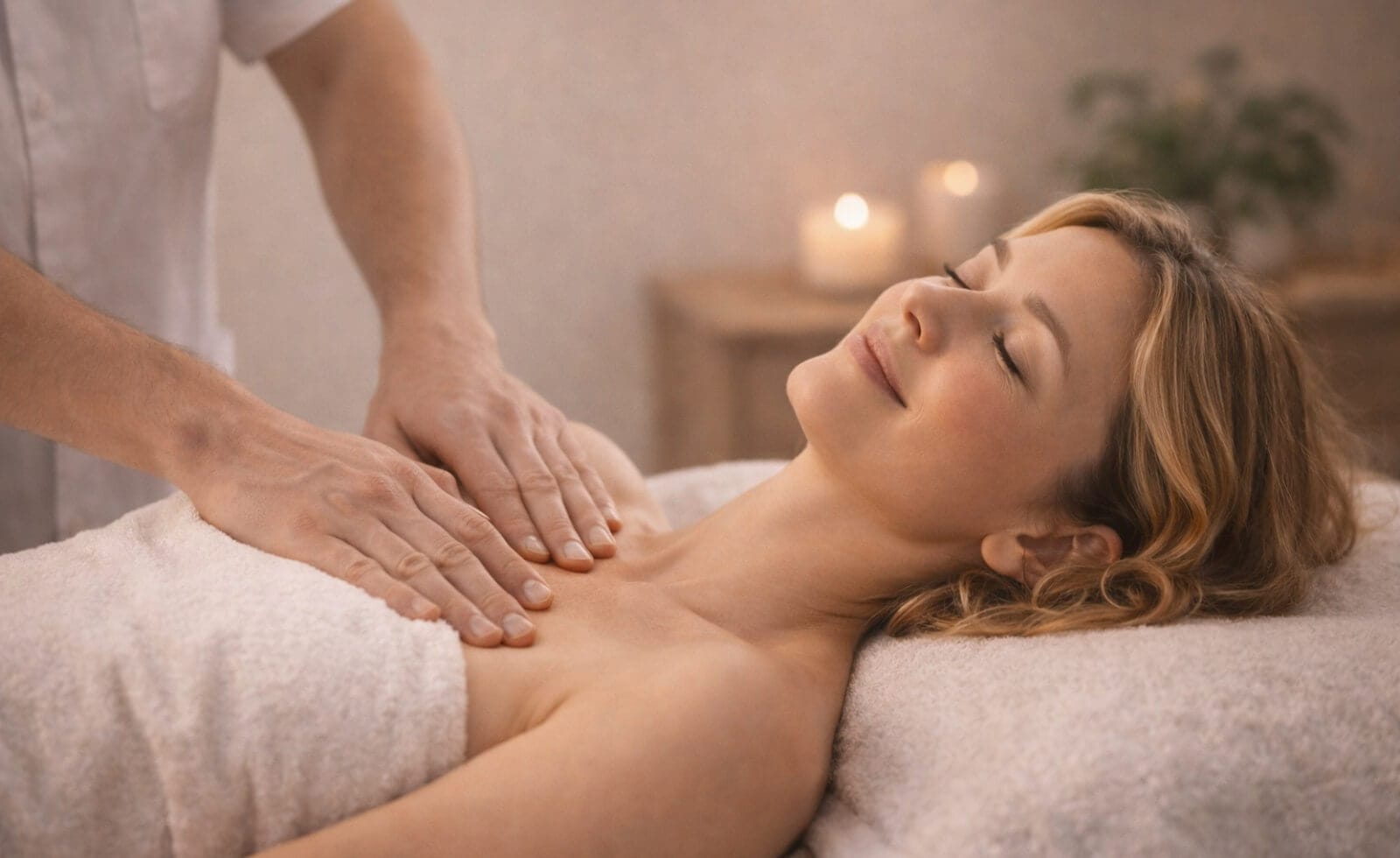 femme allongée en séance de massage Tui Na, expression sereine, lumière douce, cadre de cabinet professionnel et épuré, tons naturels et apaisants