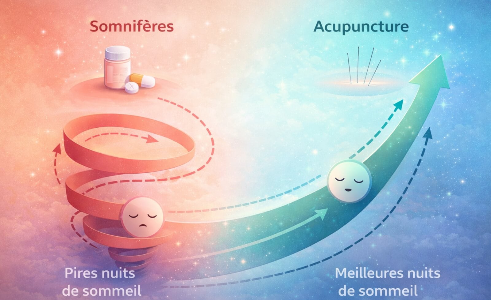 Graphique montrant la spirale descendante des somnifères vs la courbe progressive d'amélioration avec l'acupuncture, design moderne et rassurant