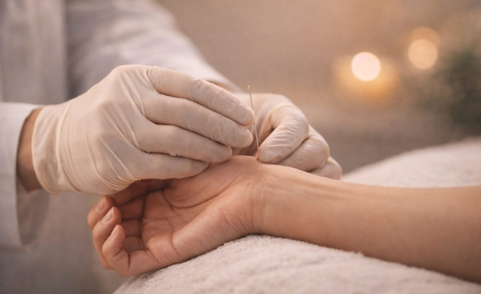 gros plan sur des mains de praticien posant une aiguille d'acupuncture sur un point du poignet, fond épuré et lumière chaude, atmosphère soignée et professionnelle