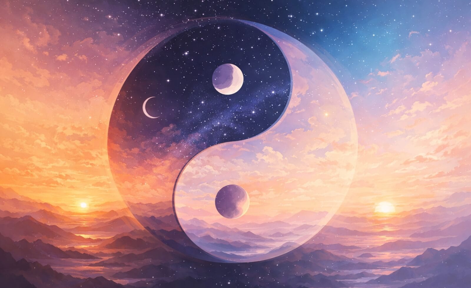 Illustration poétique montrant les trois phases de la nuit avec l'équilibre Yin-Yang représenté par des couleurs douces évoluant du coucher au lever