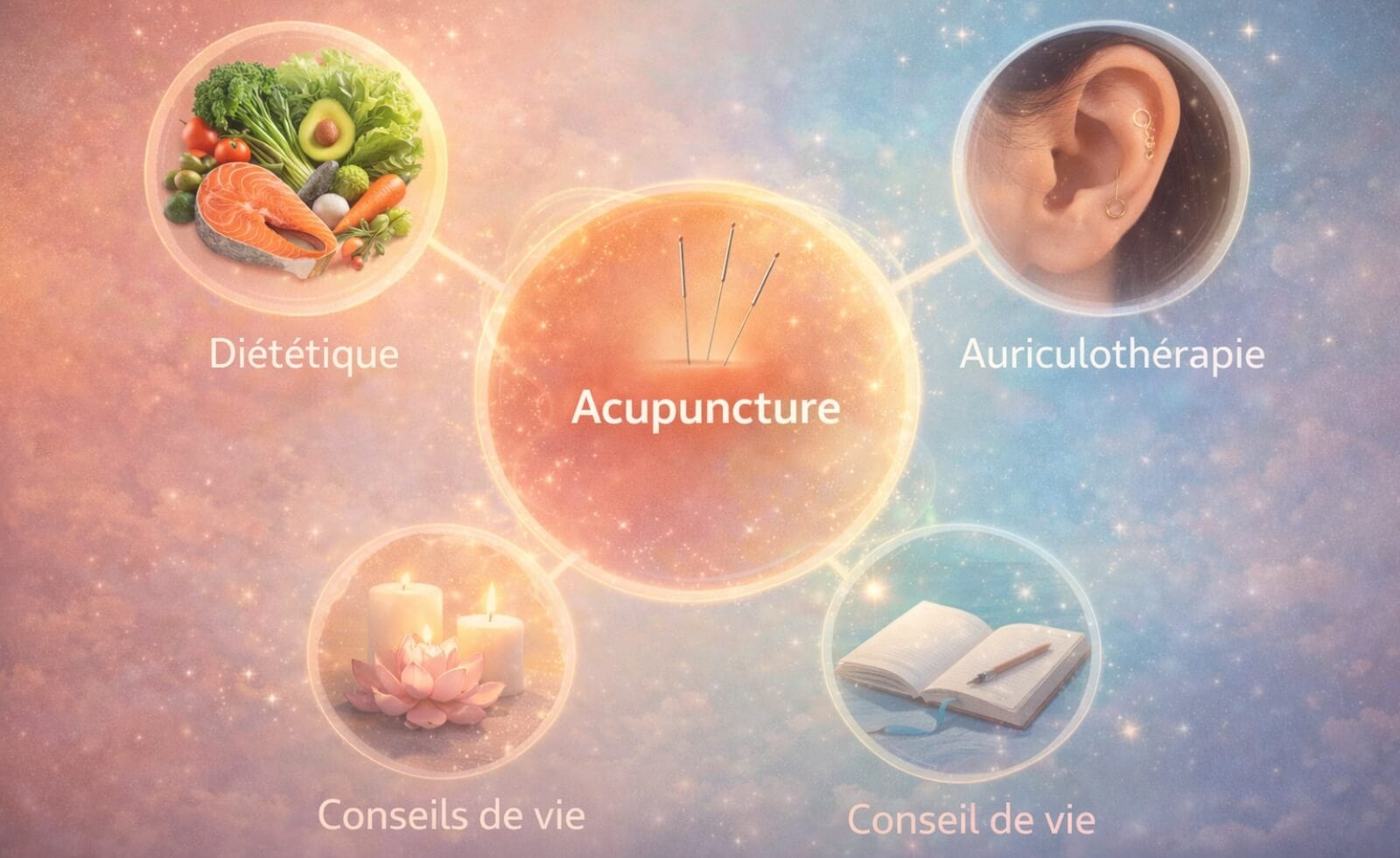 Infographie montrant l'approche holistique - acupuncture au centre, entourée des éléments complémentaires (diététique, auriculothérapie, conseils de vie)