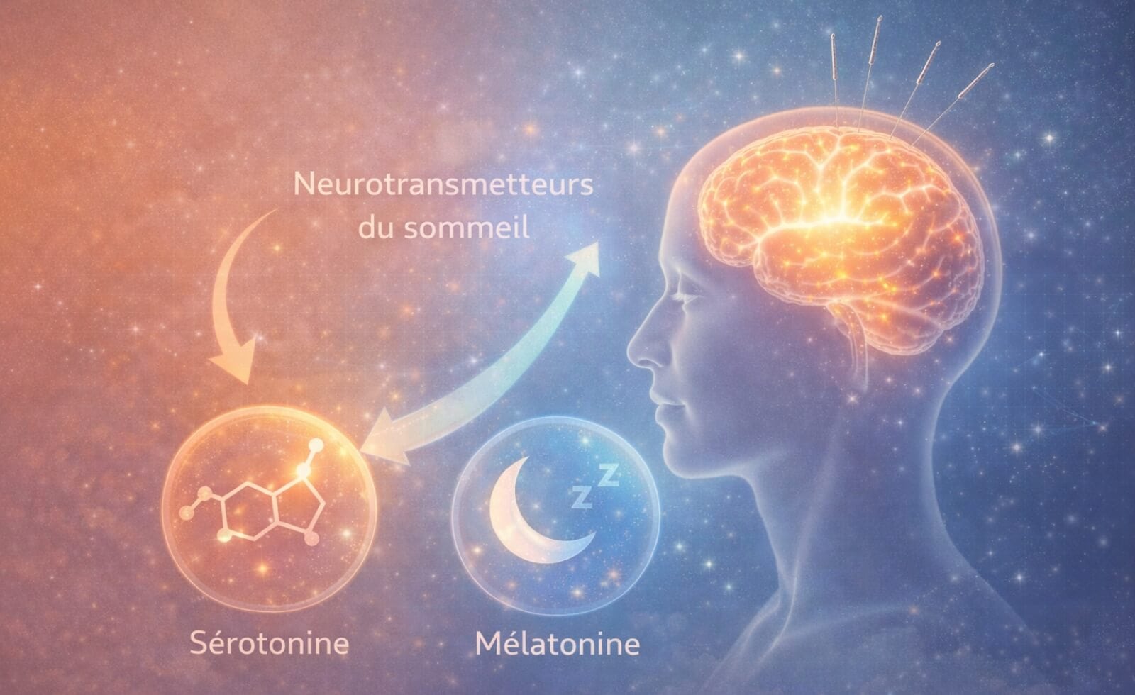 Schéma moderne et épuré montrant l'action de l'acupuncture sur le cerveau et la production des neurotransmetteurs du sommeil