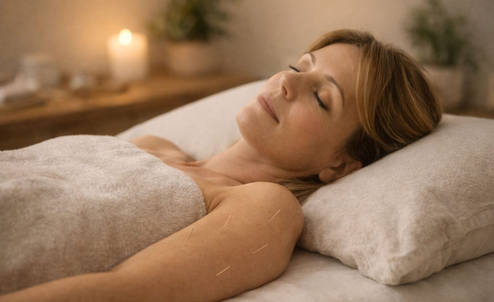 Femme d'environ 45 ans allongée sur une table de soins dans un cabinet calme, les yeux fermés, expression sereine