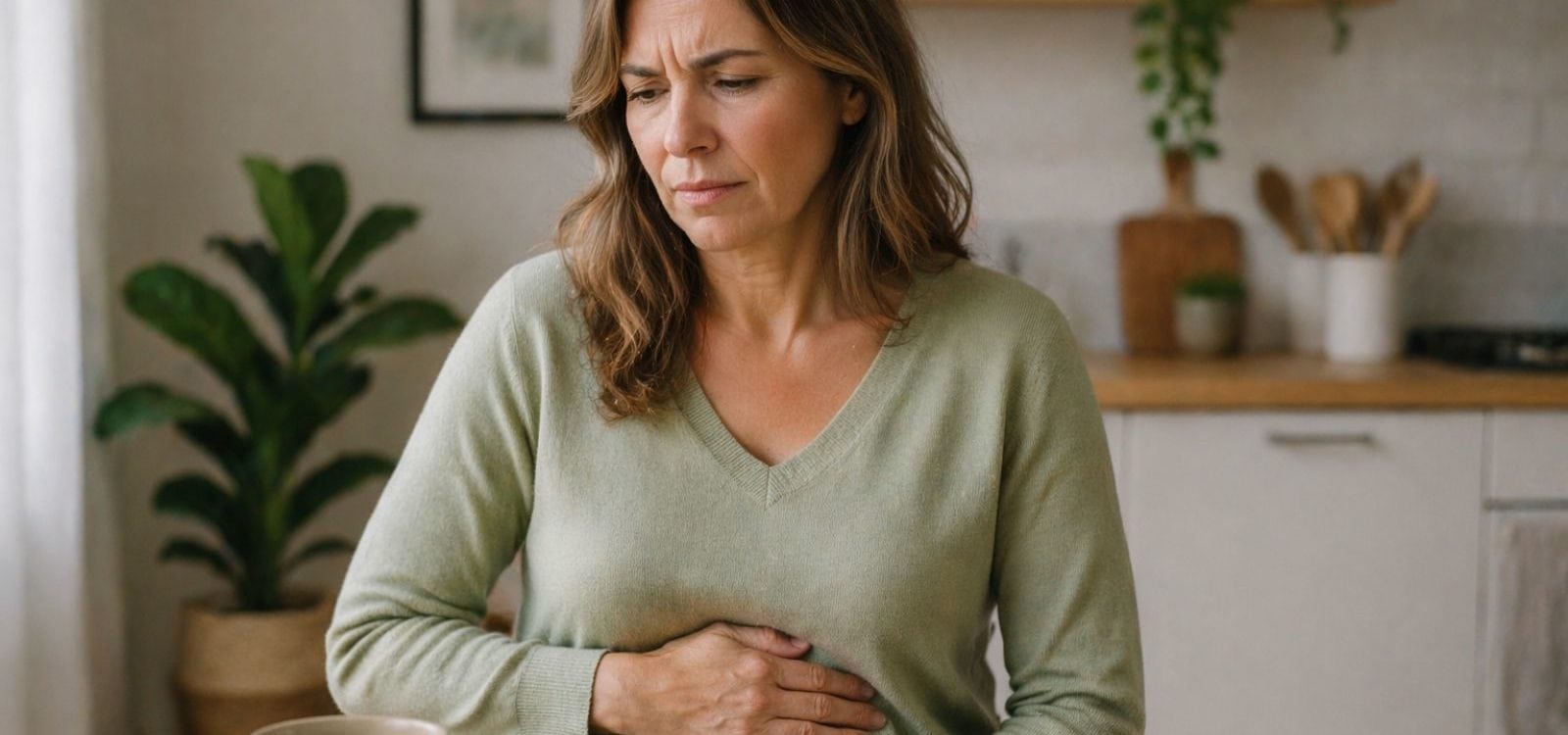 Femme d'environ 45 ans assise à une table de cuisine, une main posée sur le ventre, expression de légère gêne ou d'inconfort