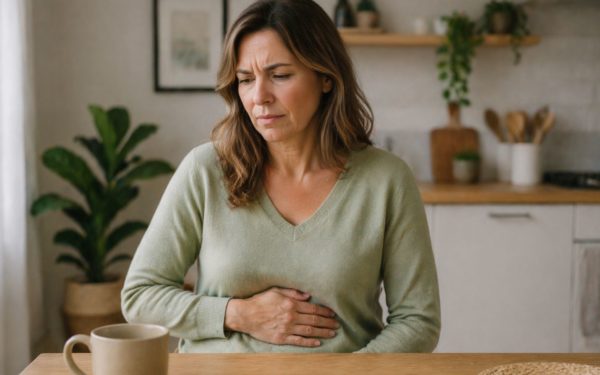 Femme d'environ 45 ans assise à une table de cuisine, une main posée sur le ventre, expression de légère gêne ou d'inconfort
