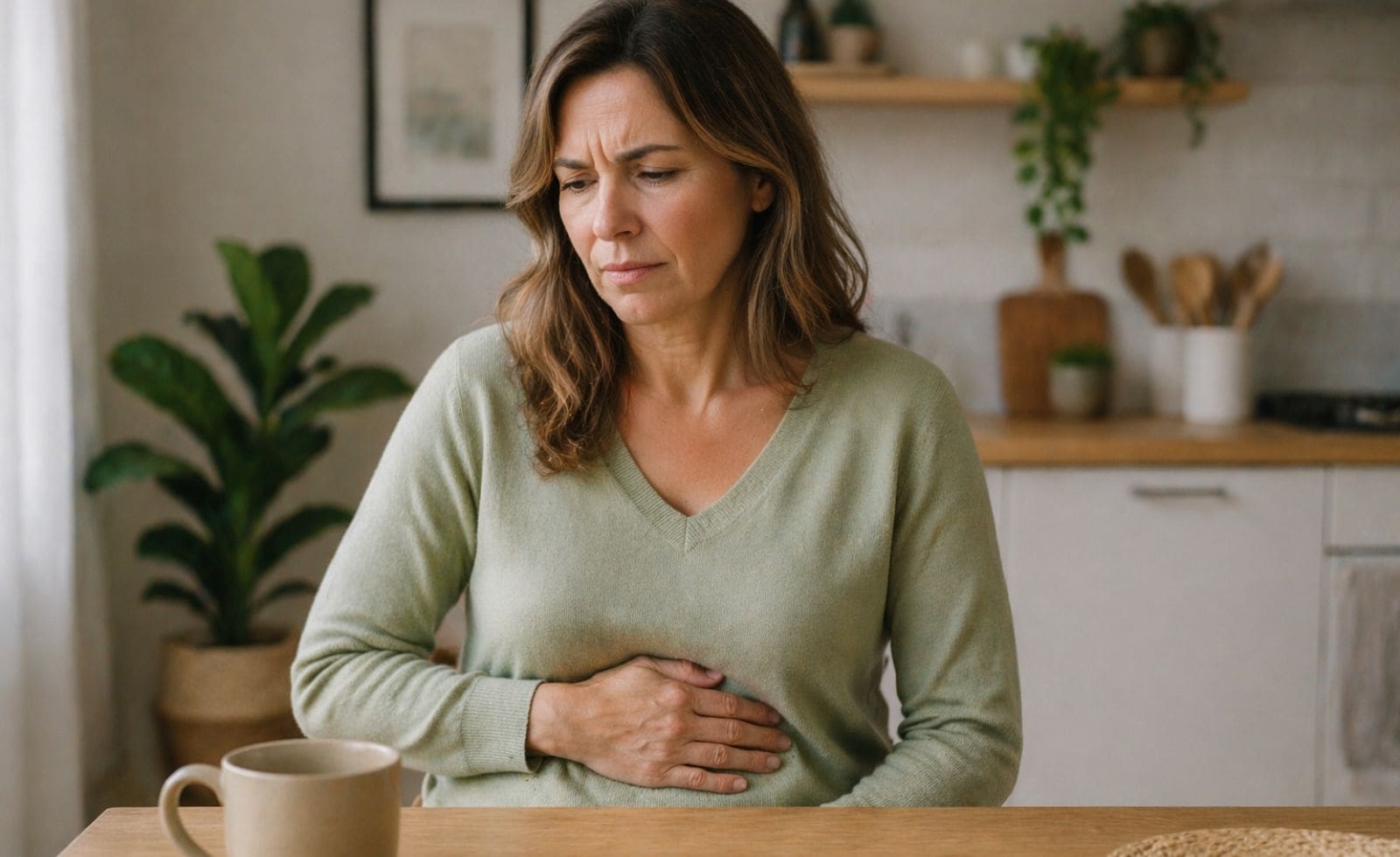 Femme d'environ 45 ans assise à une table de cuisine, une main posée sur le ventre, expression de légère gêne ou d'inconfort