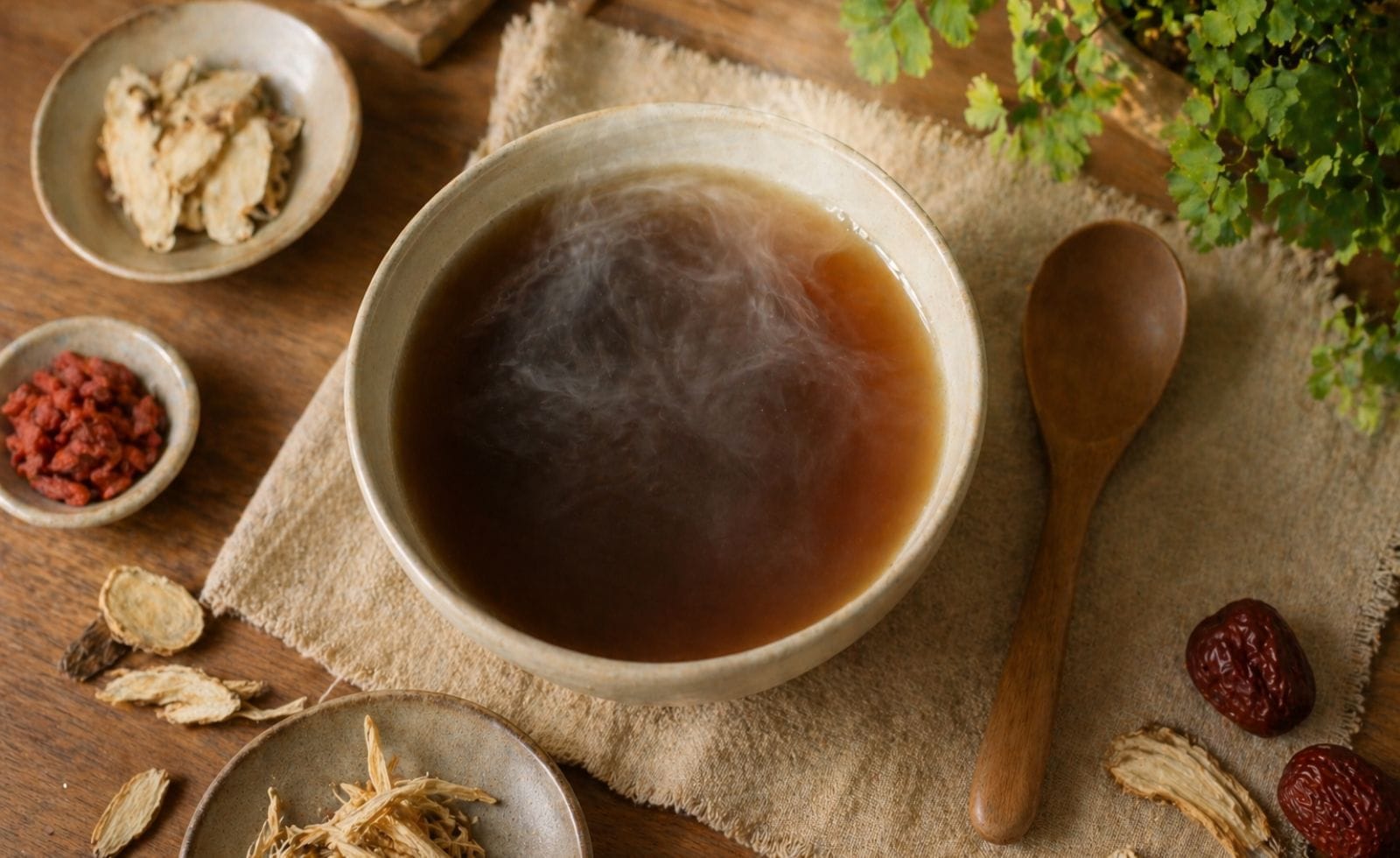 Vue de dessus d'un bol de bouillon chaud fumant posé sur une table en bois, accompagné de quelques herbes médicinales séchées et d'une petite cuillère en bois
