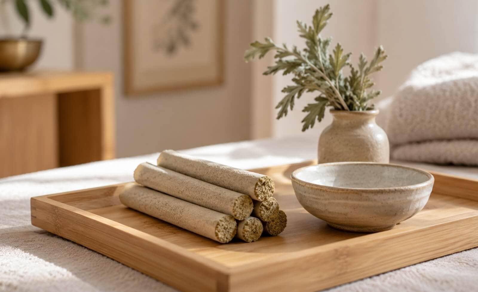 Bâtonnets de moxa disposés sur un plateau en bois dans un cabinet de médecine traditionnelle chinoise