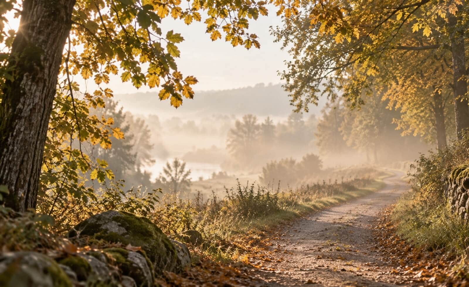 Chemin automnal dans la brume, symbole de la saison du Poumon en médecine traditionnelle chinoise