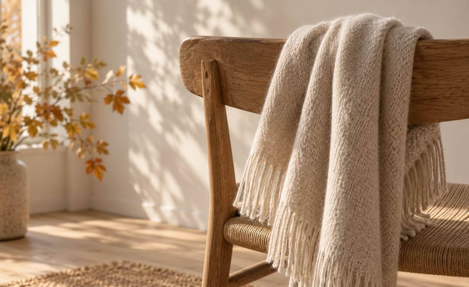Écharpe en laine posée sur une chaise, protection du cou contre le vent froid selon la médecine chinoise