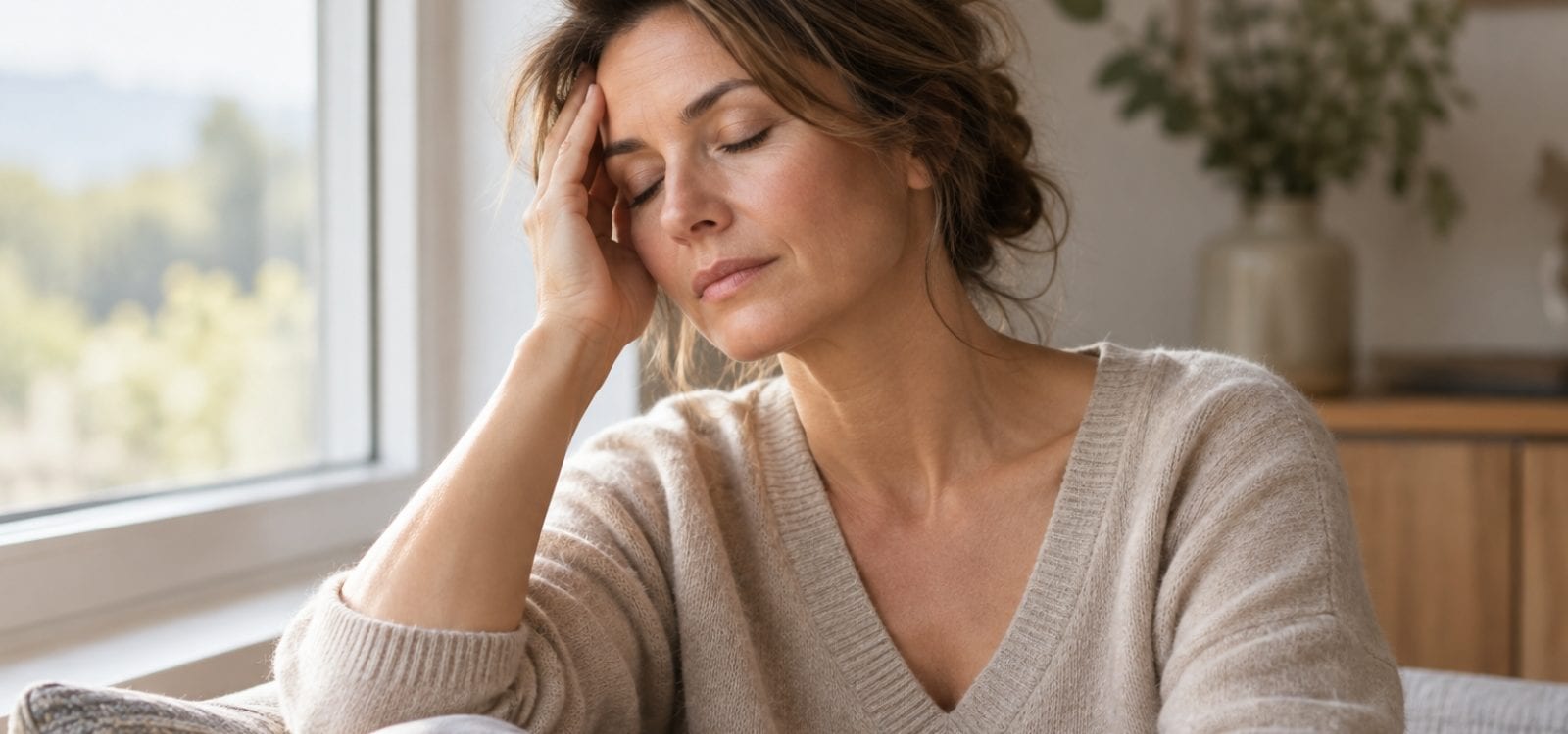 Femme souffrant de migraine assise près d’une fenêtre, prise en charge par la médecine traditionnelle chinoise