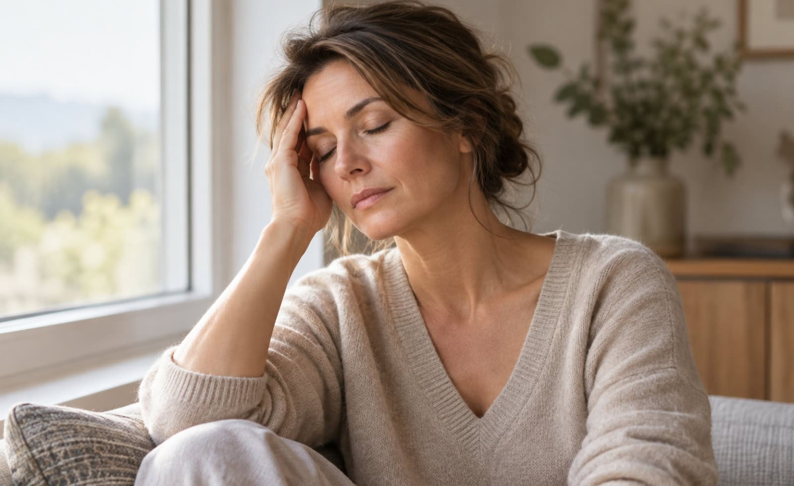 Femme souffrant de migraine assise près d’une fenêtre, prise en charge par la médecine traditionnelle chinoise
