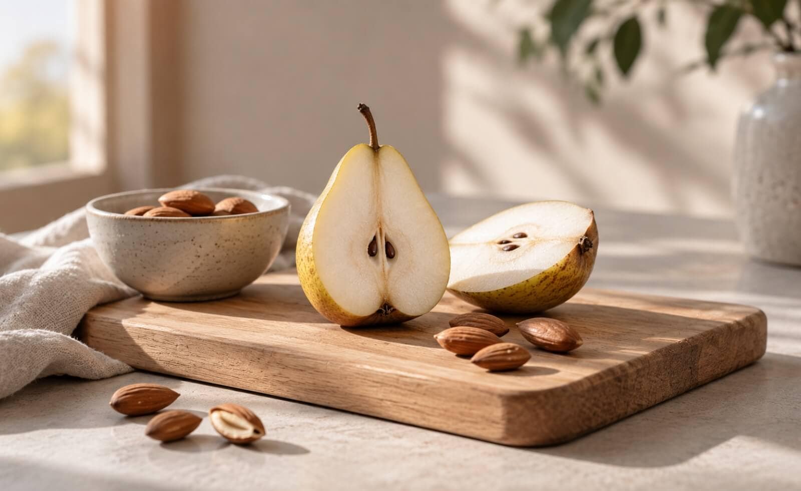 Poire et amandes sur une planche en bois, aliments recommandés par la diététique chinoise en automne