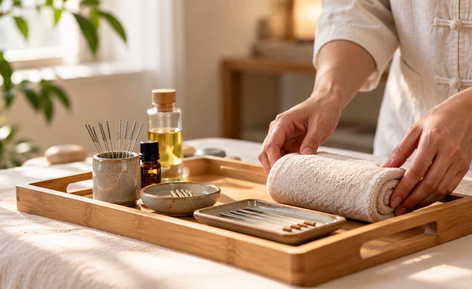 Praticien préparant ses instruments dans un cabinet de médecine traditionnelle chinoise à Gland