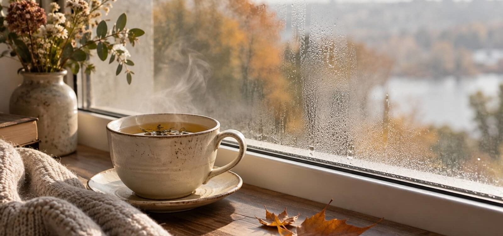 Tasse de thé chaud près d'une fenêtre avec vue sur la nature automnale.