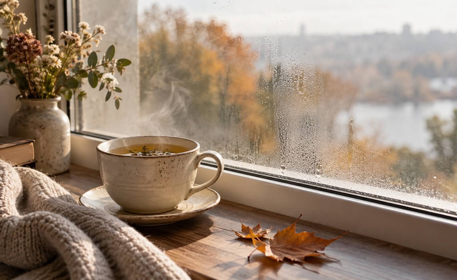Tasse de tisane chaude près d'une fenêtre en automne, illustration des conseils de médecine chinoise pour l'immunité