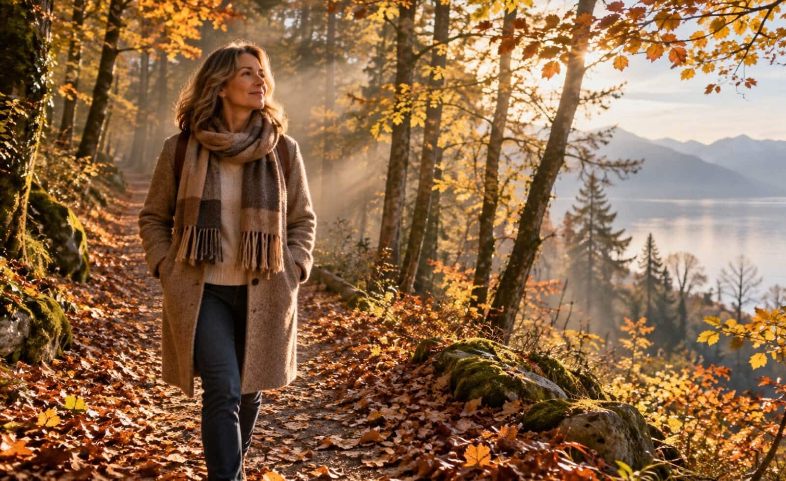 Femme marchant sur un sentier forestier d’automne au bord du lac, respirant l’air frais, image de la saison du Poumon en médecine chinoise.