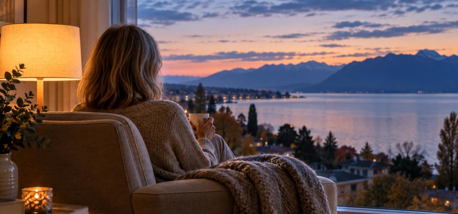 Femme assise près d’une fenêtre au crépuscule, regardant le Léman, ambiance de fin de journée d’automne après le changement d’heure.