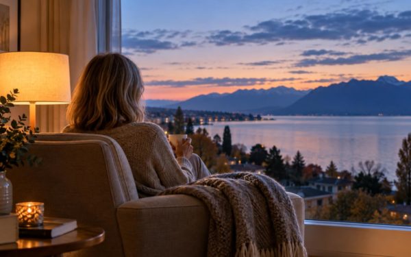 Femme assise près d’une fenêtre au crépuscule, regardant le Léman, ambiance de fin de journée d’automne après le changement d’heure.