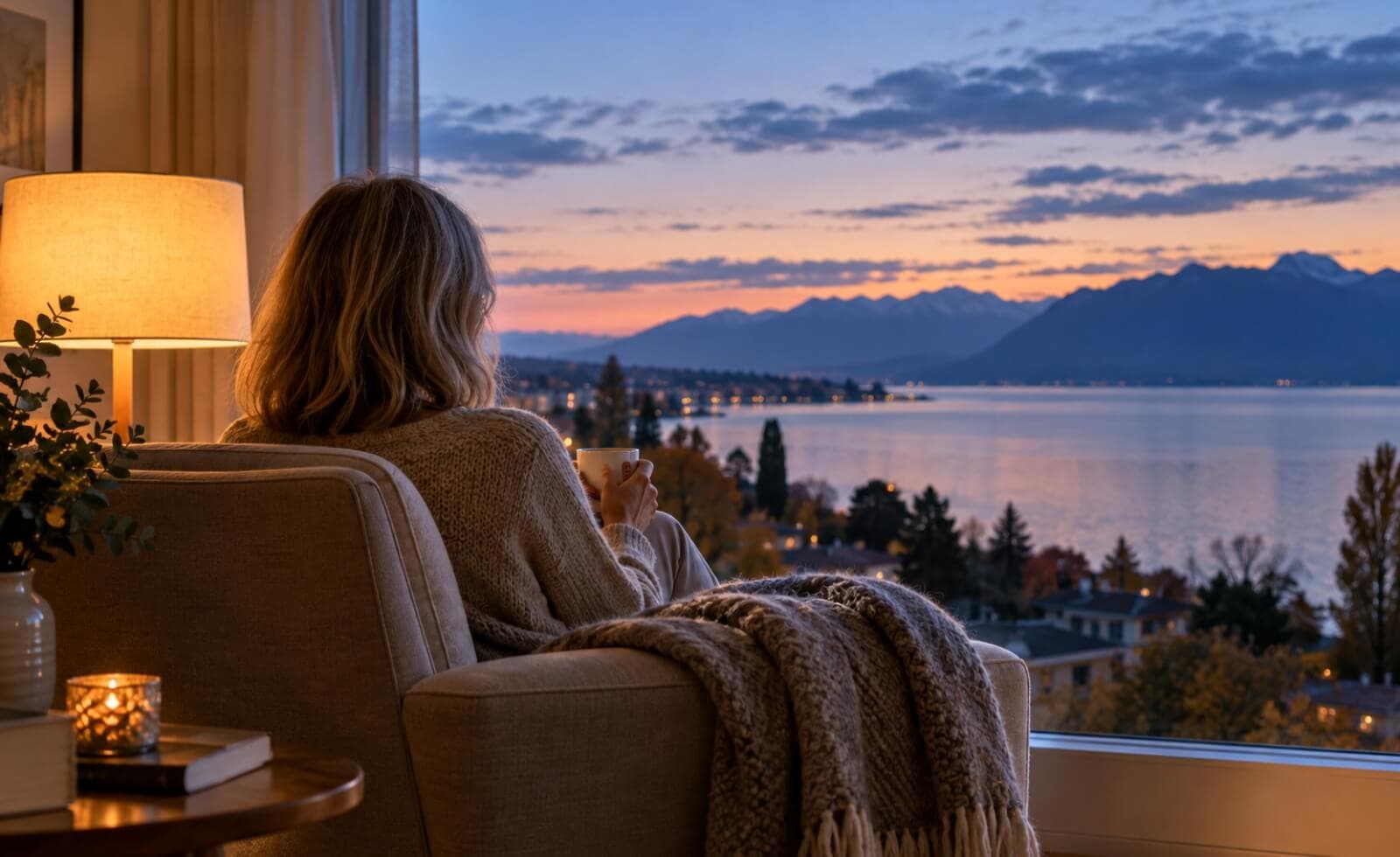 Femme assise près d’une fenêtre au crépuscule, regardant le Léman, ambiance de fin de journée d’automne après le changement d’heure.