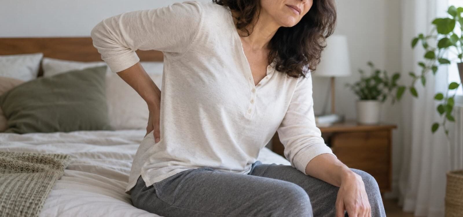 Personne assise au bord d’un lit, une main posée sur le bas du dos