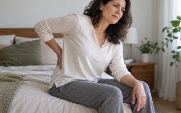 Personne assise au bord d’un lit, une main posée sur le bas du dos