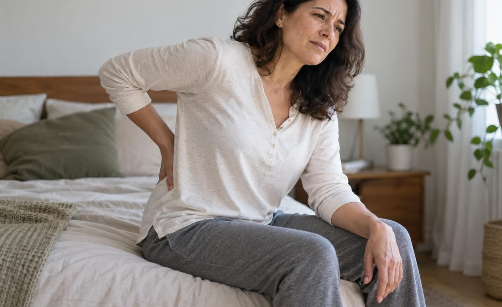 Personne assise au bord d’un lit, une main posée sur le bas du dos