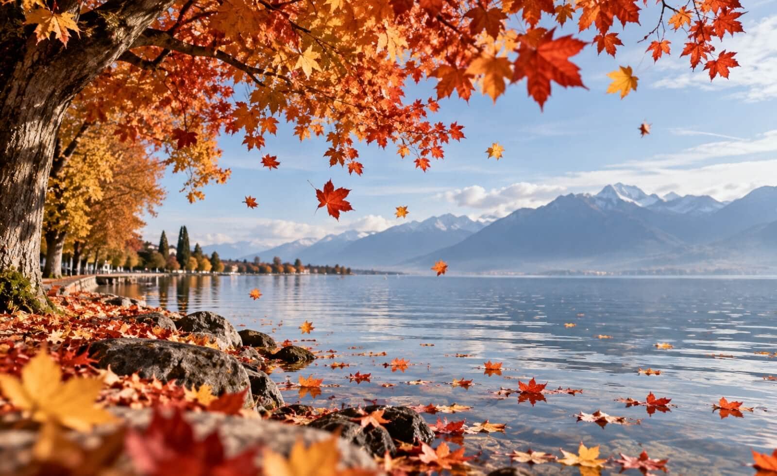 Feuilles d’érable rouges tombant au bord du lac Léman, symbole du lâcher prise associé à l’automne en médecine chinoise.
